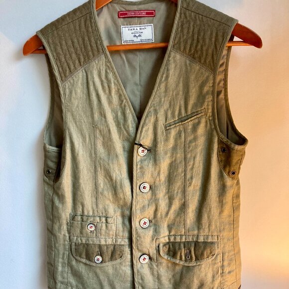 BRAND NEW - Zara Man Green Linen Vest Jacket (Size Small) - Picture 1 of 10